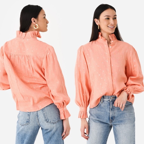 Delete Koch Phoebe Top Button Shirt Ruffle Collar Metallic Blouse Small - Picture 3 of 11